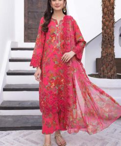 3-Pc Unstitched Printed Embroidered Lawn Suit With Embroidered Chiffon Dupatta CRB23-19