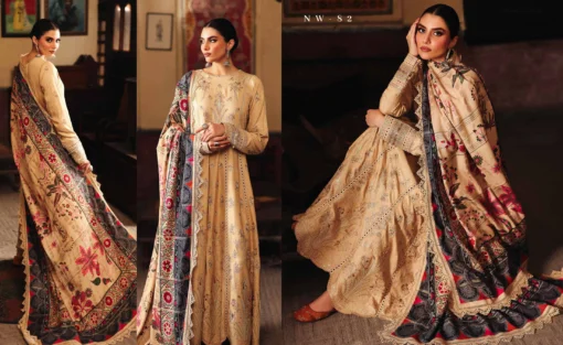 Nureh Maya Embroidery Linen with Printed Woolen Shawl-NW 82