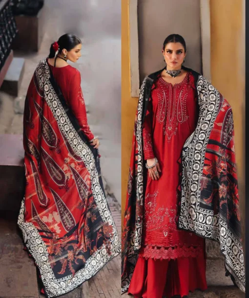 Nureh Maya Embroidery Linen with Printed Woolen Shawl-NW 84