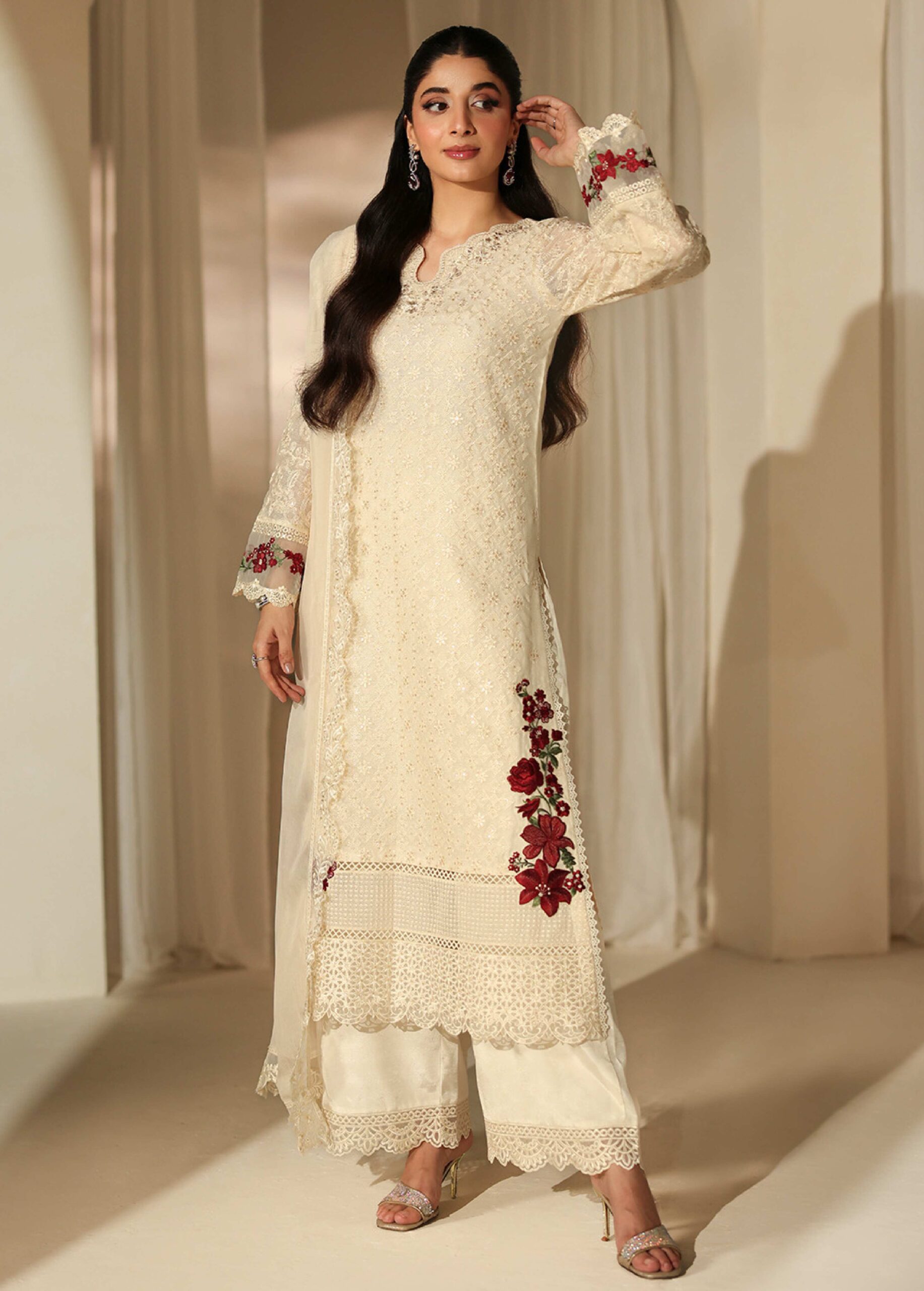 Azure Ivory Flora Khaddi Net Dress In the USA